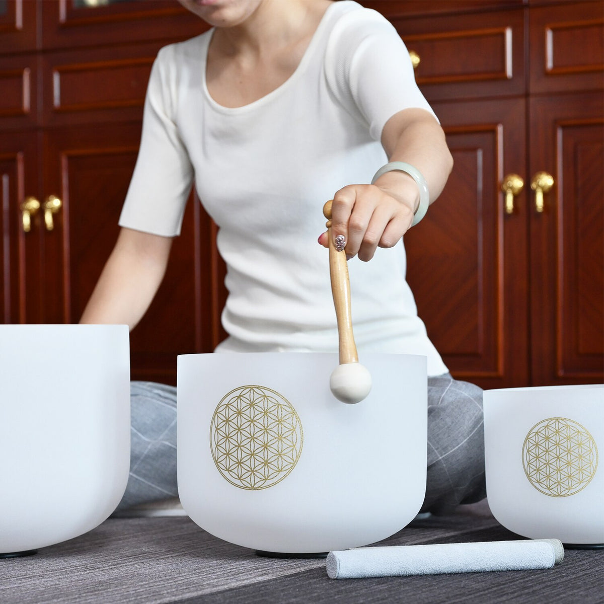 Kristall-Klangschalen Set Lebensblume klar – Schalen in verschiedenen Grössen