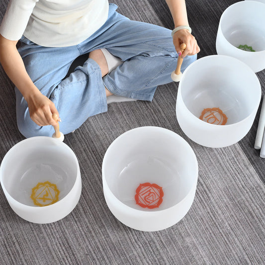 Kristallklangschalen Set mattiert Chakra Muster