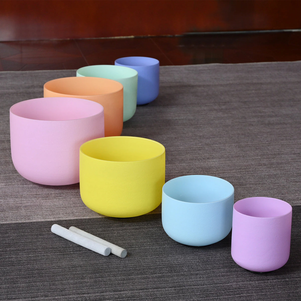 Kristall-Klangschalen Set Macaron – 7 Schalen in Pastellfarben