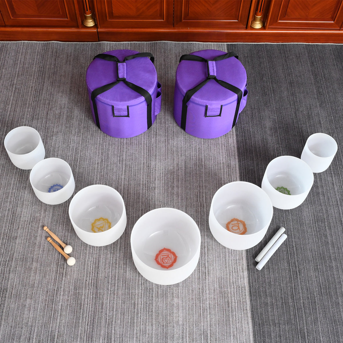 Kristall-Klangschalen Set Chakra – mit Zubehör