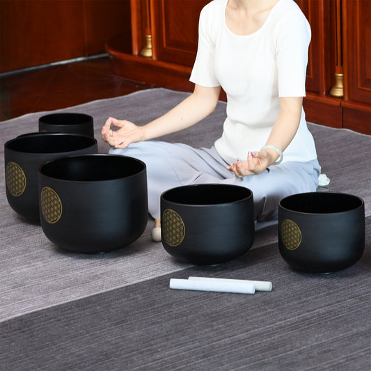 Kristallklangschalen Set schwarz mattiert Life Flower