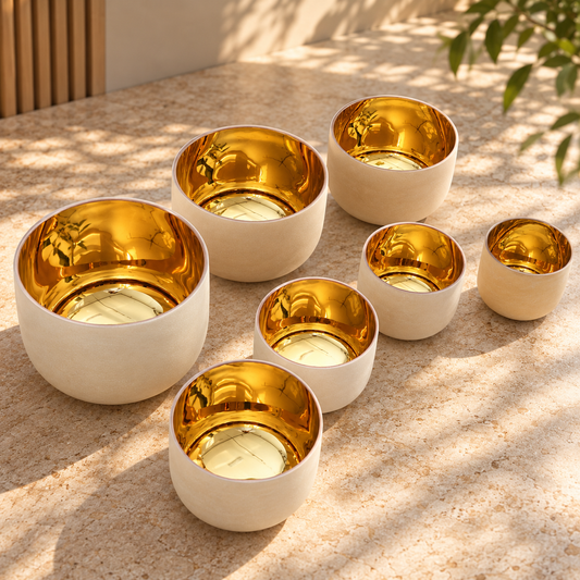 Kristall-Klangschalen Set «Gold» – 7 Schalen, 24 Karat Gold, 432 Hz