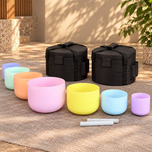 Kristall-Klangschalen Set «Macaron» – 7 Schalen in Pastellfarben, 432 Hz